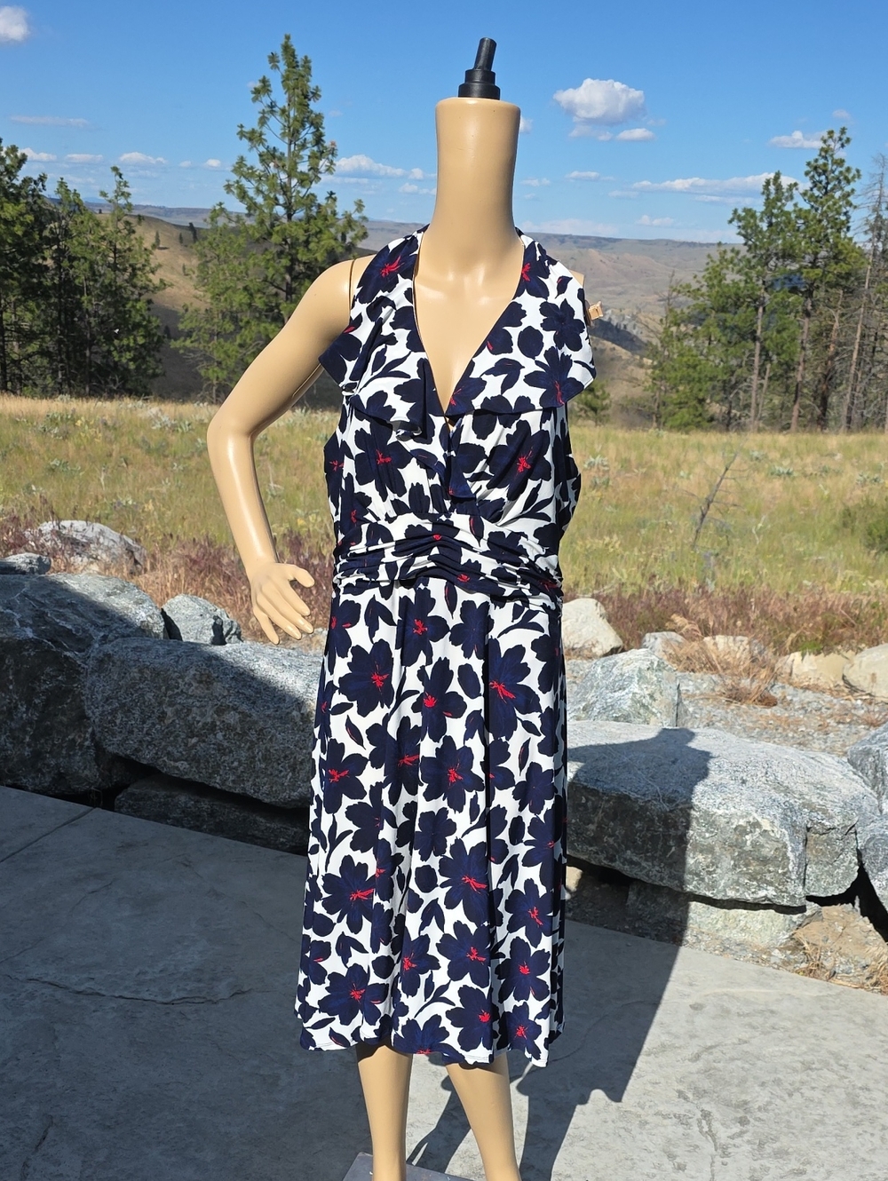 Evan Picone Navy and White Floral Midi Dress with Red Accents